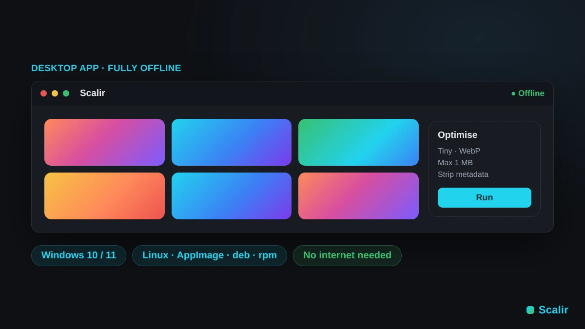 Scalir desktop image compressor running offline on Windows and Linux